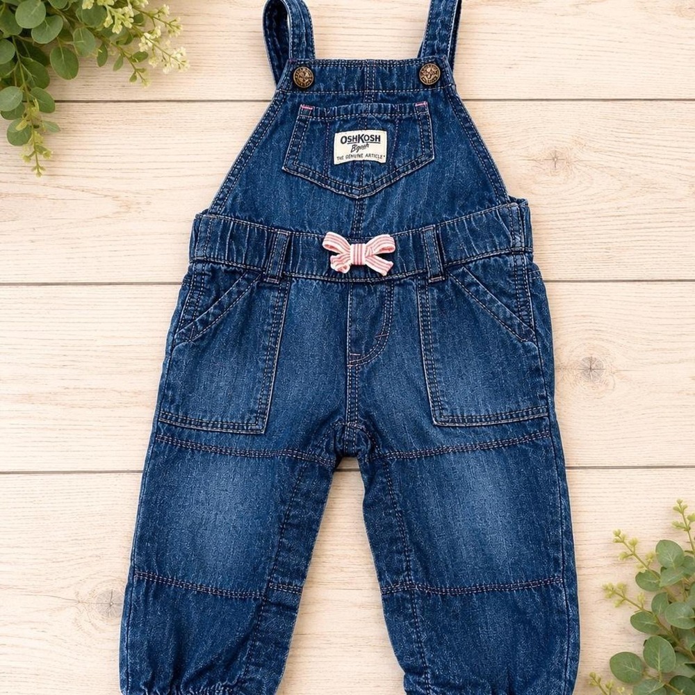 Oshkosh Bgosh Vestbak Dark Denim Overalls 6M Pink Bow Elastic Cuff Baby Girl